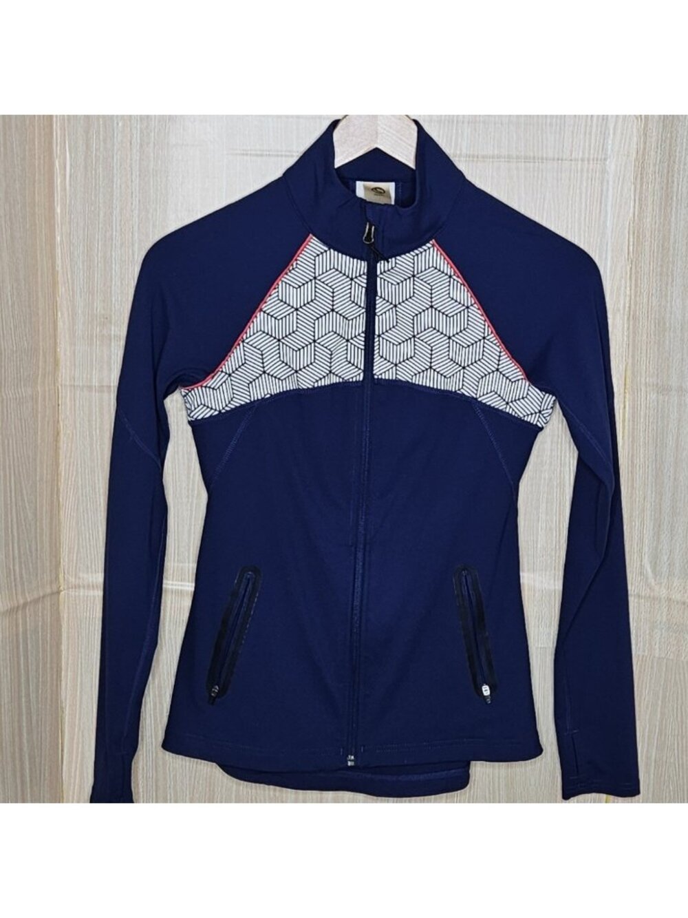Shape Womens Blue Geometric Full Zip Jacket Medium